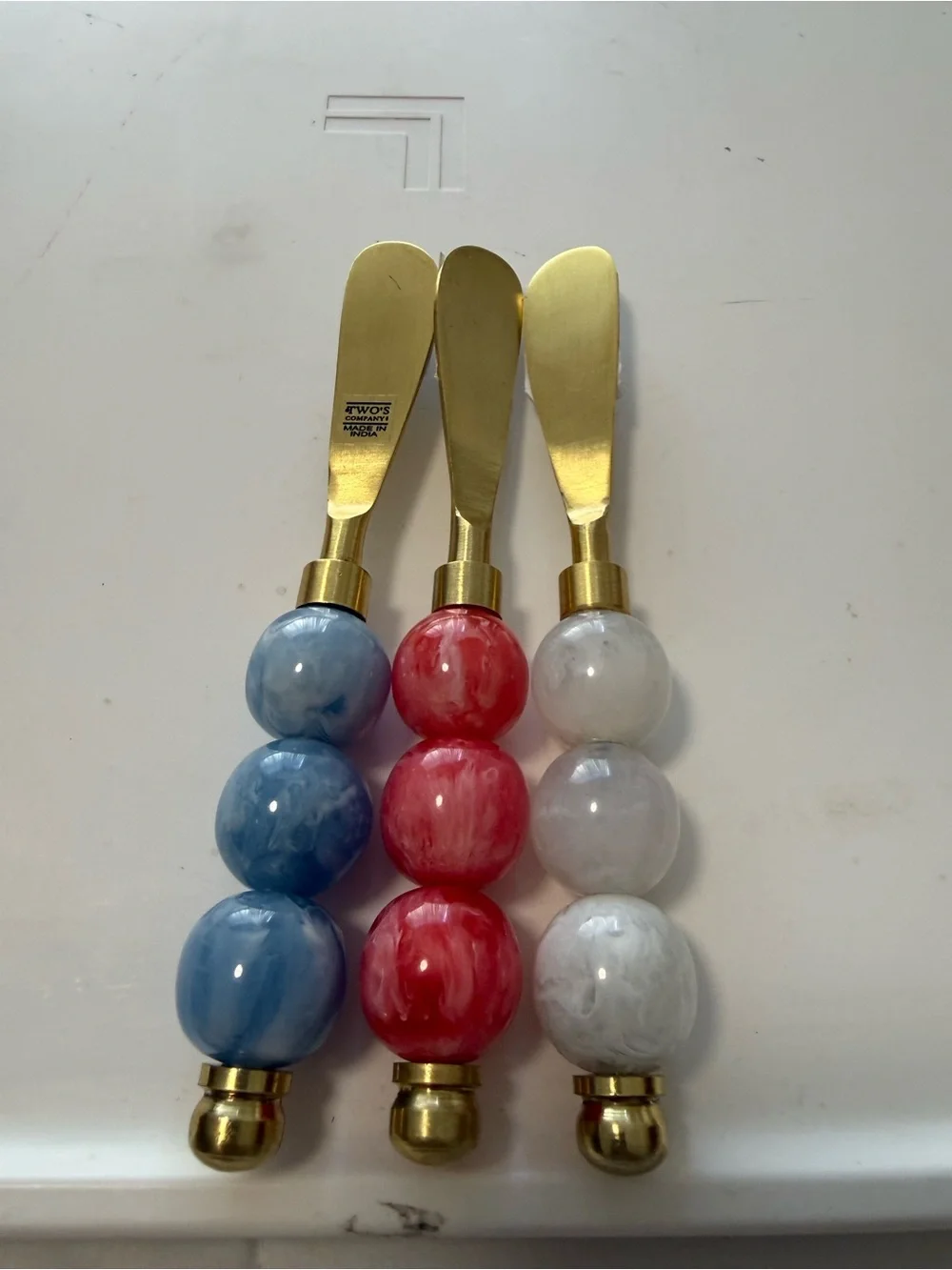 Marble-Style Beaded Spreaders with Gold Blade cheese spreaders Blue, Red, White